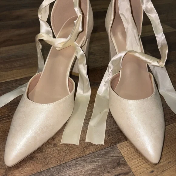Ivory Satin Jacquard Bridal Heels with Ribbon Tie - Picture 3 of 8